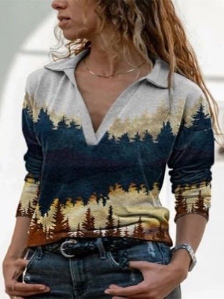 

Forest Print Long Sleeve Cotton T-shirt, Gray, Tops