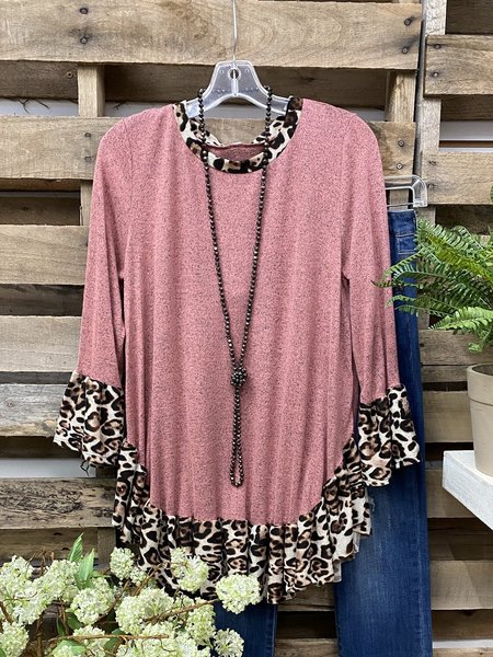 

Animal Print Trim at Neck on Ruffled sleeves Cotton-Blend Tops, Red, Tees & T-shirts