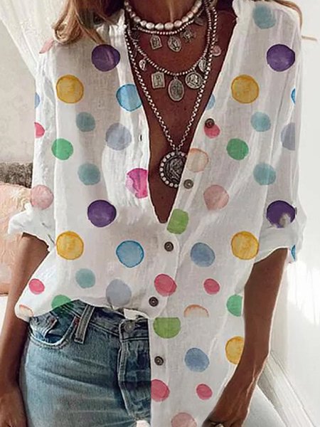 

White Shirt Collar Polka Dots Long Sleeve Shirts & Tops, Shirts & Blouses