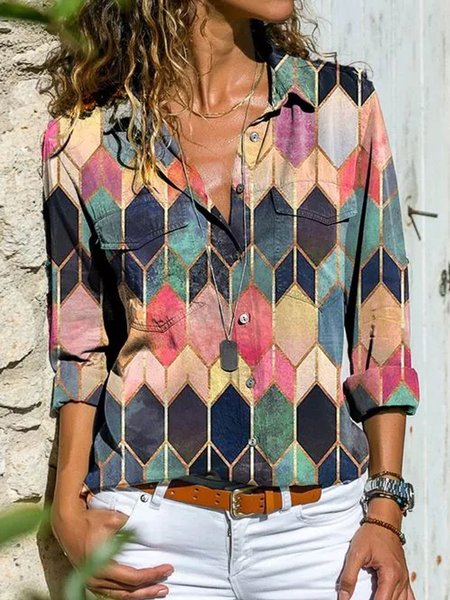 

Khaki Long Sleeve Geometric Blouse, Yellow, Shirts & Blouses