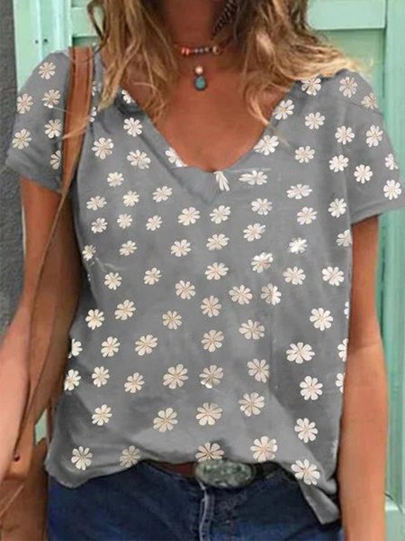 Gray Short Sleeve Casual V Neck Top, Tees & T-shirts