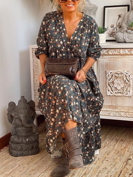 

Abito Stampata Floreale Sciolto Casuale Scollo a V Maniche Lunghe, Come immagine, Casual Dresses