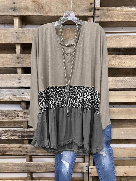 

Khaki Long Sleeve Cotton-Blend Crew Neck Leopard Women's Fashion Print Tee, T-shirts