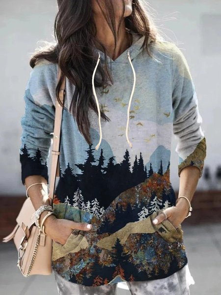

Gray Vintage Printed Long Sleeve Hoodie Sweatshirt, Hoodies&Sweatshirts