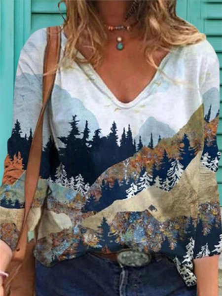 

Vintage Maniche Lunghe Scollo a V Geometrico Paesaggio Stampato taglia grande Statement Casuale Top, Come immagine, Blouses & Shirts