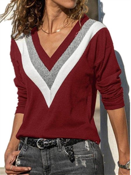 

Long Sleeve V Neck Cotton-Blend Stripes Sweater, Red, Sweaters & Cardigans