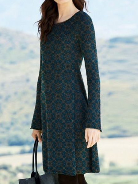 

Stampato Maniche Lunghe Abito, Blu, Midi Dresses