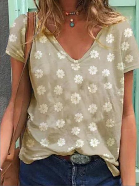 

Gray Short Sleeve Casual V Neck Tops, Khaki, T-Shirts