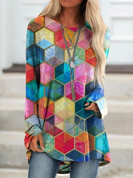 

Photo Color Long Sleeve Casual Top, Tops