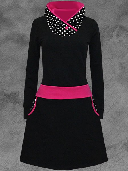 

Abito A-line Nero a pois Stampato Vintage Casuale Colletto Rialzato Maniche Lunghe, Midi Dresses