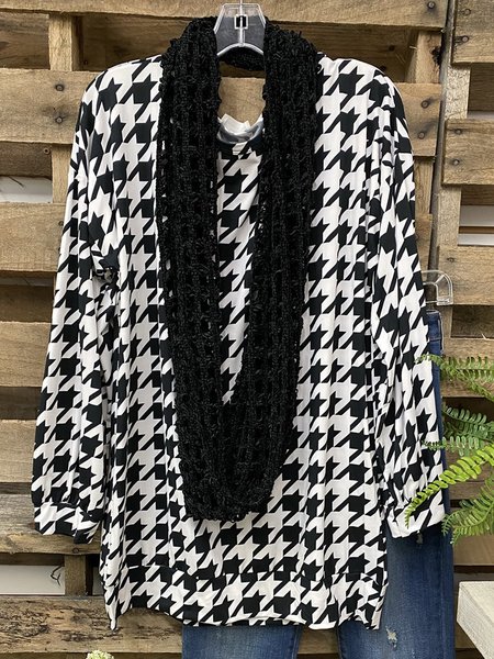 

Black Houndstooth Long Sleeve Casual Cotton-Blend Top, Long sleeve tops