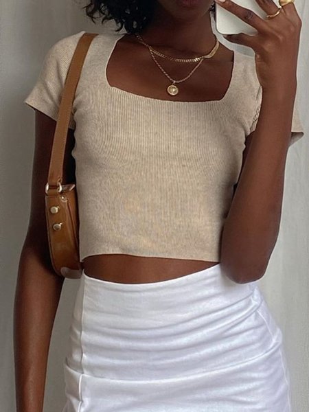 

Vintage Sheath Square Neck Top, Beige, Tops