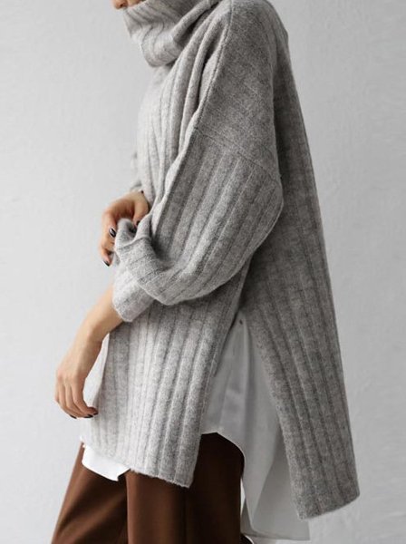 

Turtleneck Knitted Solid Casual Sweater, Gray, Sweaters