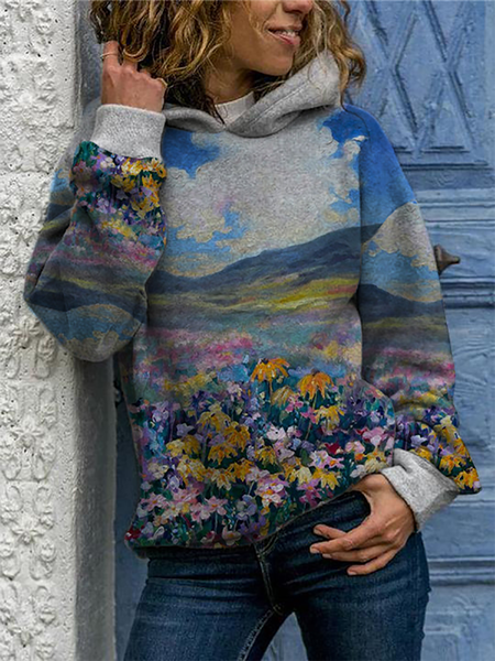 

Flower Field Valley Print Cotton-Blend Hood Sweatshirt, Gray, Sweatshirts & Hoodies