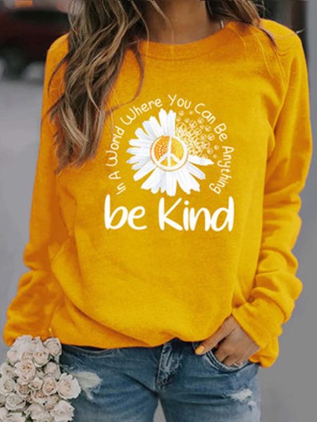 Women Casual Floral Printed Crew Tops, Yellow, Hoodies & Sweatshirts