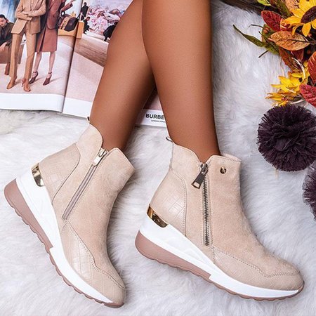 

Artificial Leather Block Heel All Season Sneakers, Beige, Athletic & Casual Shoes
