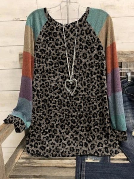 

Leopard Casual Round Neck Geometric Cotton-Blend T-shirt, T-Shirts