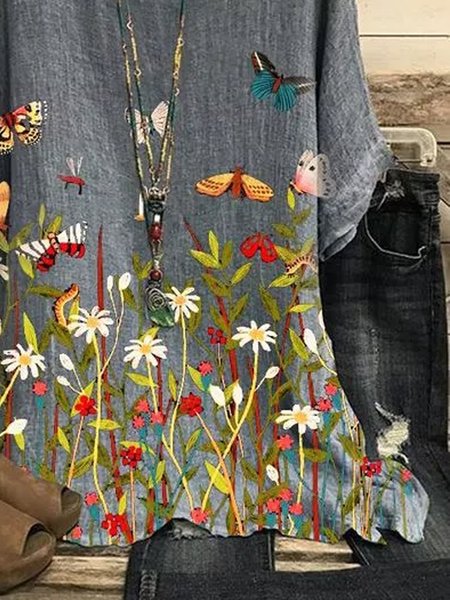 

Casual Short Sleeve Floral Cotton-Blend Shirts & Tops, Gray, T-shirts