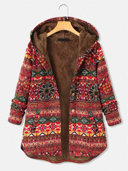 

Printed Hoodie Long Sleeve Tribal Fleece Coat, Red, Coats