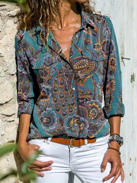 

Green Long Sleeve Floral-Print Blouse, Shirts & Blouses