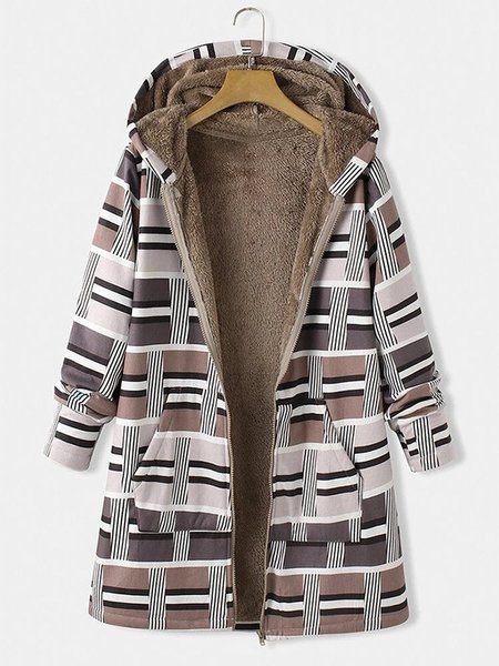 

Printed Hoodie Casual Long Sleeve Fleece Coat, Brown, Coats