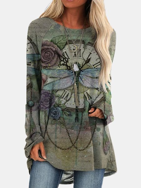 

Large size Printed Long Sleeve Tops, Green, Blouses & Shirts