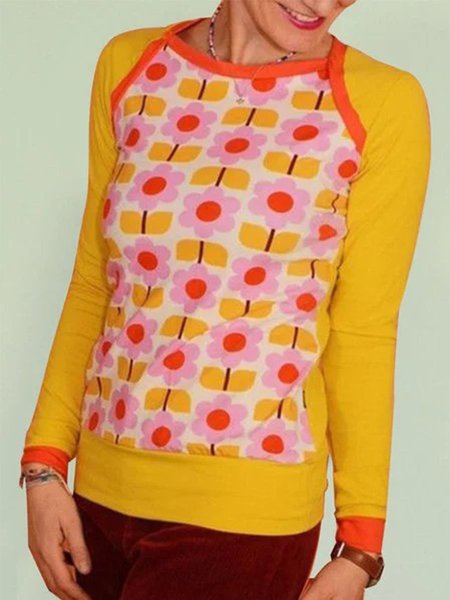 

Yellow Floral Long Sleeve Paneled Casual Shirts & Tops, Tops