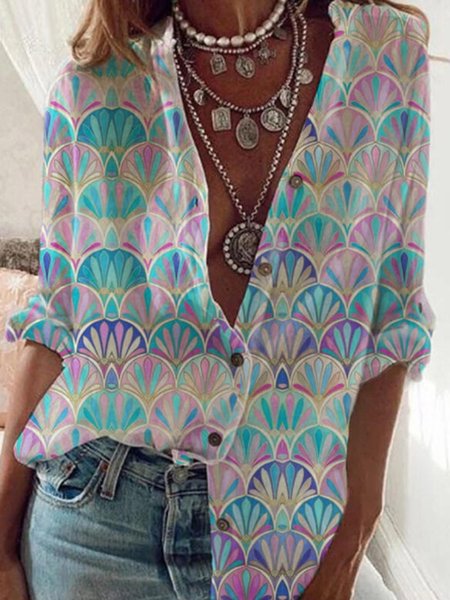 

White Floral-Print Shirt Collar Long Sleeve Geometric Blouse, Shirts & Blouses