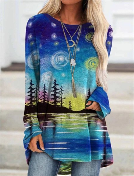 

A-line Stampato Casuale Maniche Lunghe Top, Blu, T-Shirts
