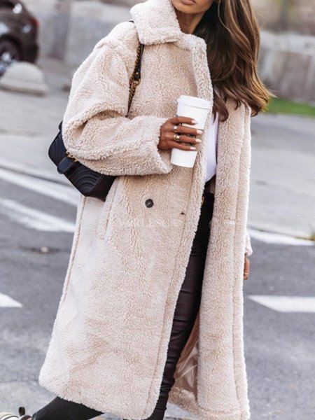 

Cotton-Blend Solid Long Sleeve Jacket, Beige, Coats