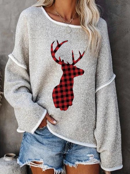 

Crew Neck Jacquard Long Sleeve Printed Sweater, Gray, Sweaters