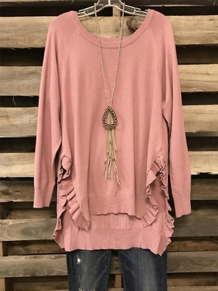 

Pink Cotton-Blend Asymmetric Casual Round Neck Shirts & Tops, Tops