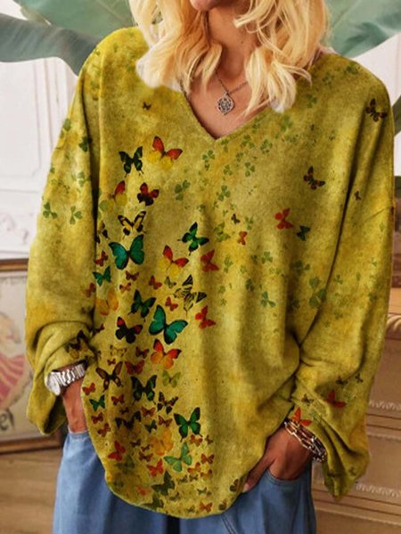 

Butterfly Long Sleeve Printed Polyester V neck Top, Yellow, Blouses & Shirts