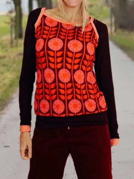 

Crew Neck Floral-Print Casual Sweatshirt, Red, Tops