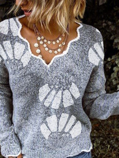 Grigio Stampato Floreale Dritto Casuale Maglione Con Collana, Knitwear