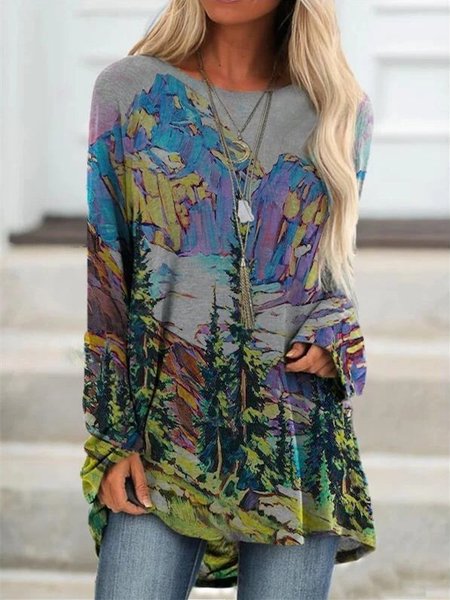 

Stampato Casuale Girocollo Cotone Maniche Lunghe Top, Giallo, Blouses & Shirts
