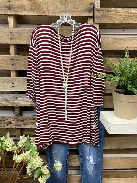 

Striped Crew Neck Long Sleeve Split Hem T-shirt, Red, Long sleeve tops