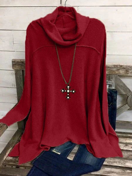 

Turtleneck Cotton-Blend Long Sleeve Shirts & Tops, Red, Tops
