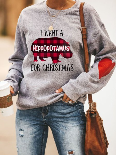 

Christmas Red Plaid Hippo Print Hooded Long Sleeve Sweatshirt, Gray, Hoodies&Sweatshirts