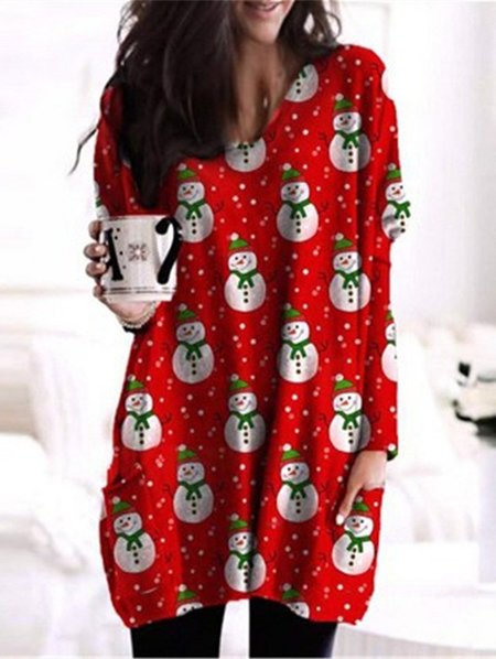 

Christmas Snowman Printed Long Sleeve Cotton-Blend T-shirt, Red, Long sleeve tops