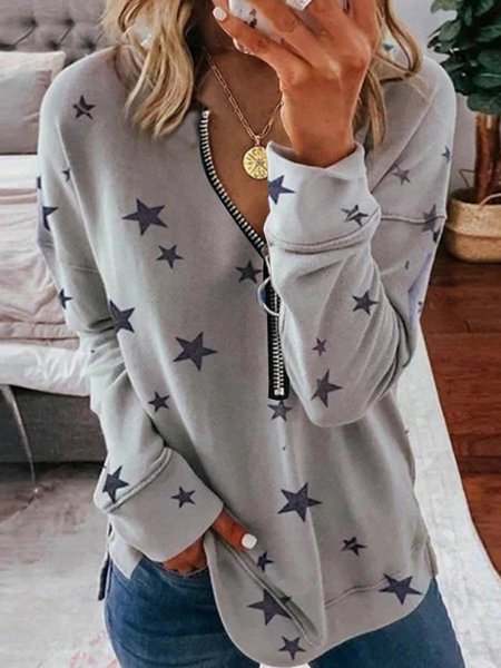 Gray V Neck Star Casual Zipper Shirt & Top, Sweatshirts & Hoodies