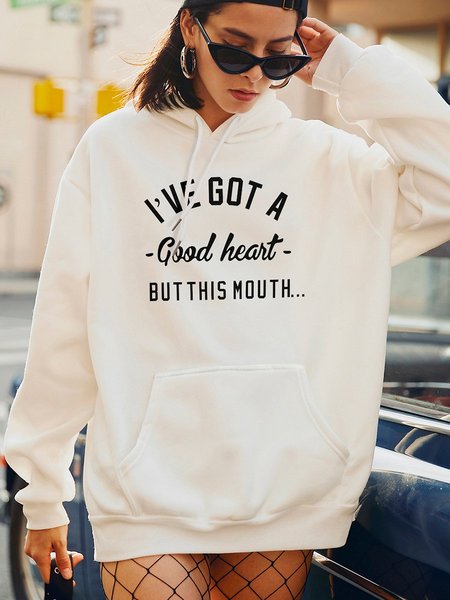

I've Got A Good Heart But This month… Letters Printed Oversized Hooded Sweatshirt, White, Hoodies&Sweatshirts