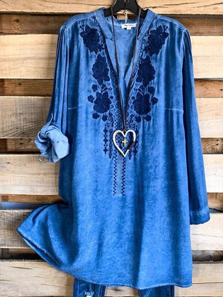 

Abito Taglia Grande Blu Maniche Lunghe Scollo a V, Blouses & Shirts