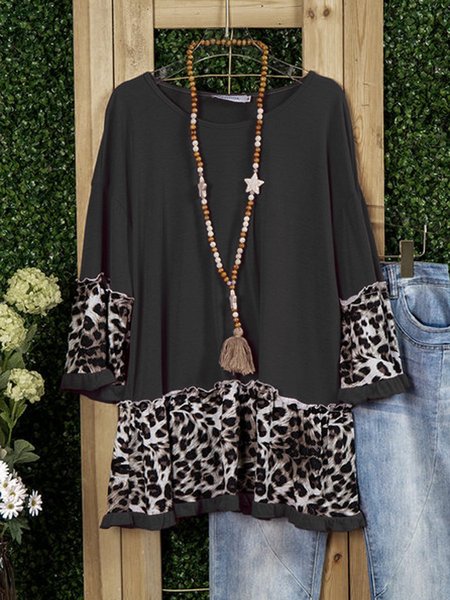 

Black Casual 3/4 Sleeve Crew Neck Women's Fashion Print Tee, Tops