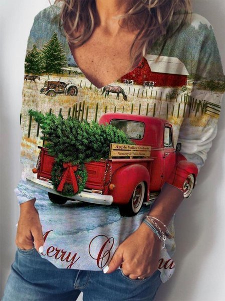 

Women Merry Christmas Truck And Tree Print V Neck Tshirt Top, Red, Hoodies&Sweatshirts