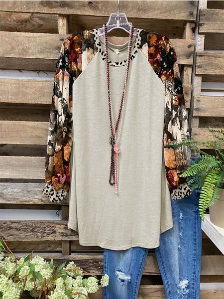 

Apricot Long Sleeve Leopard Cotton-Blend Printed T-shirt, T-Shirts