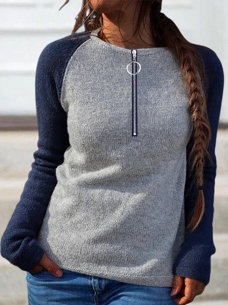 

Autunno inverno raglan Manica davanti centro Cerniera Geometrico Girocollo Maniche Lunghe Casuale Maglione, Blu intenso, Sweater