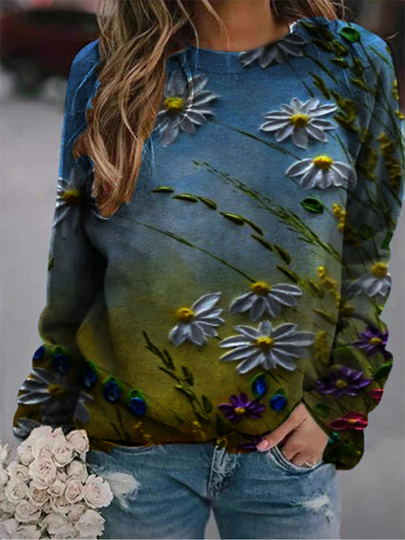 Blue Floral Long Sleeve Cotton-Blend Sweatshirt, Hoodies & Sweatshirts