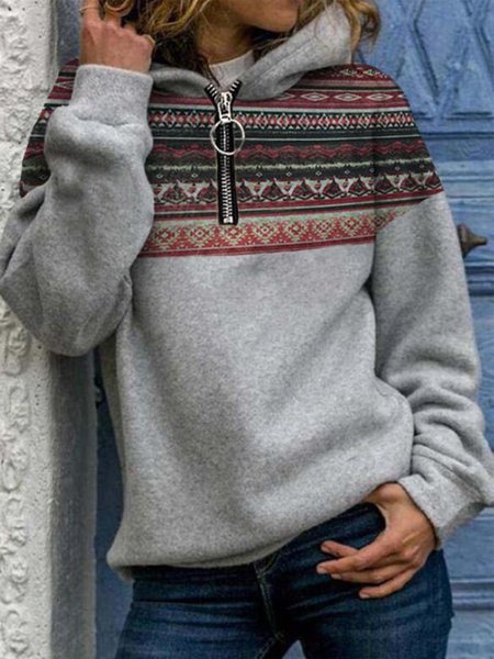 

Gray Zipper Long Sleeve Printed Hoodie Sweatshirt, Winter Clearance