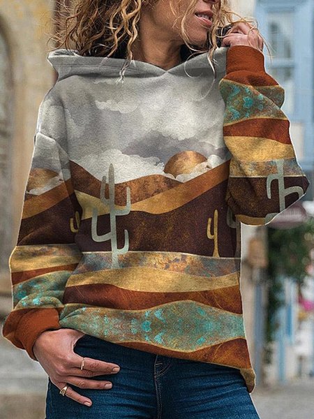 

Brown Floral-Print Geometric Hoodie Long Sleeve Shirts & Tops, Winter Clearance